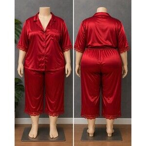 Torrid Red Satin Pajama Set Womens Size 5 Plus Lace Trim Button Front Sleepwear